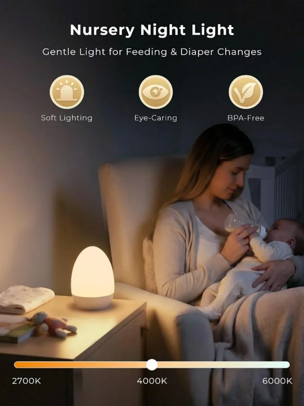 Rechargeable Egg Night Light for Nursery, Touch Control, 17 Color Modes